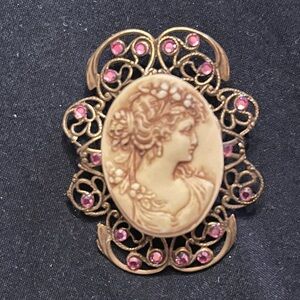 Vintage Cameo Brooch with Pink Rhinestones Hidden Heart